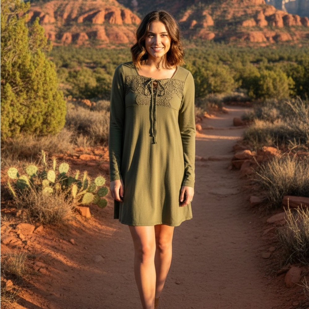 NWOT Poof! Boho crochet lace detail long sleeve olive dress S